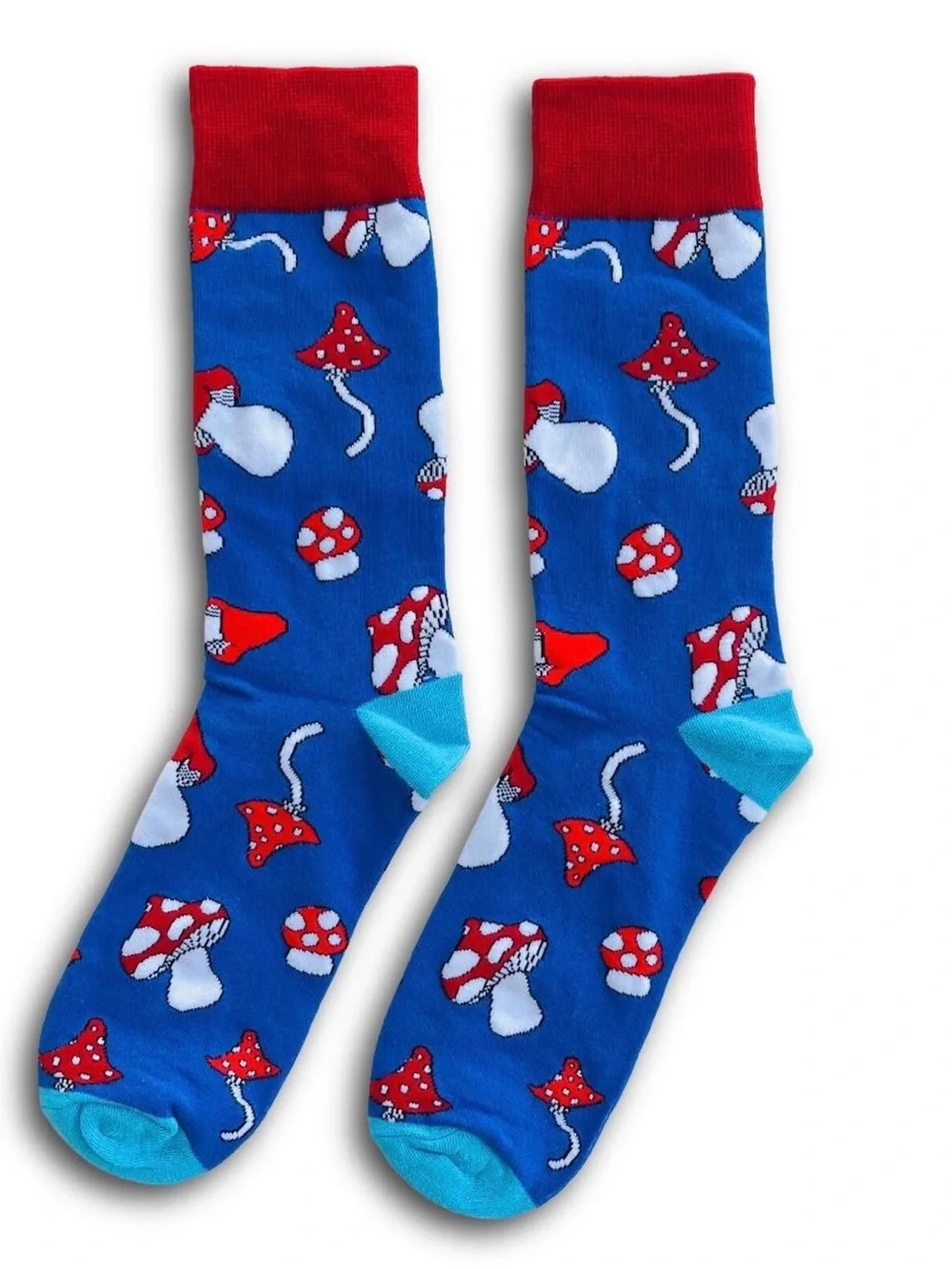 Whimsical Mushroom Novelty Crew Socks - Blue & Red - Unisex